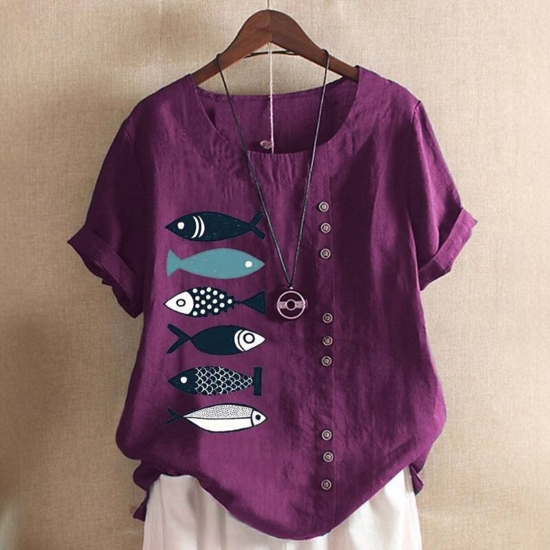 Women's Cotton Linen Shirts Animal Elegant Daily Basic Short Sleeve Crew Neck Regular Tops Daily Holiday Vacation Wear Buttons White Blue Purple Brown Summer Spring2