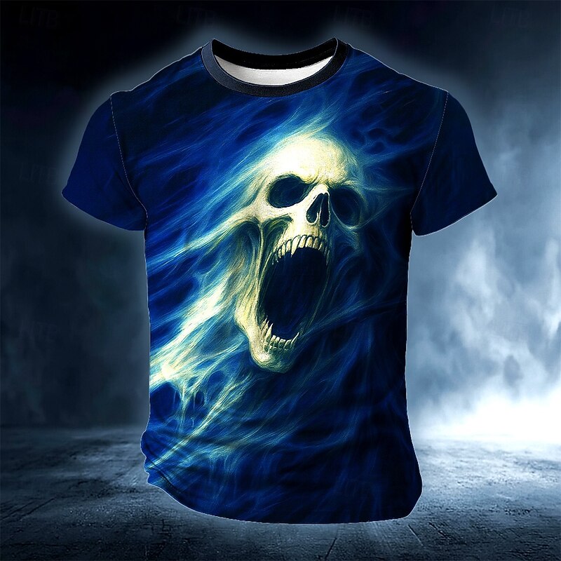 Halloween Men's Skull Optical Illusion 3D T Shirt Short Sleeve T shirt 3D Print Crew Neck Shirt Exaggerated Designer Horror Party Street Casual Yellow Blue Orange Summer Spring All Seasons Clothing2