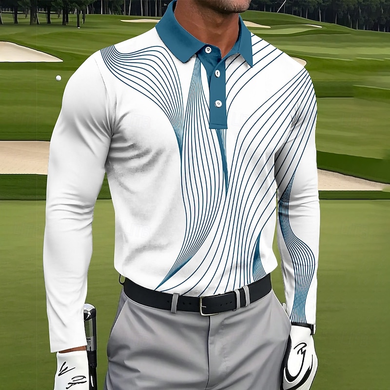 Men's Geometic Line Polo Long Sleeve Polo Shirts Collared Shirts Sportswear Casual Outdoor clothing Daily Wear 3D Print Spring Fall Winter Black Red Blue