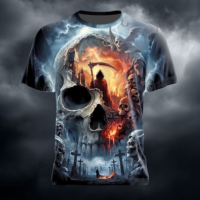 Halloween Day of the Dead Skull Men's Skull 3D T Shirt Short Sleeve T shirt 3D Print Crew Neck Shirt Fashion Exaggerated Daily Party Street Casual Blue Purple Green Summer Spring Clothing Apparel