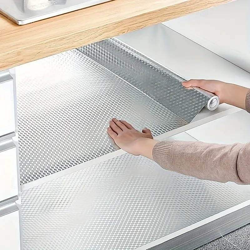 2 Rolls 6M Heat-Resistant Aluminum Kitchen Stickers, Waterproof and Oilproof Drawer Liners for Backsplash and Cabinets, Durable and Easy-to-Clean Foil Paper for Modern Kitchen Organization and Decor3