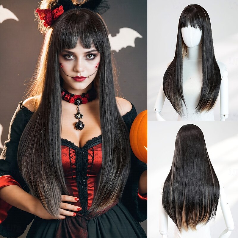 Black 24-Inch Straight Wig for Women – Long Hair with Full Bangs, Ideal for Halloween, Costumes, and Stylish Fashion Looks