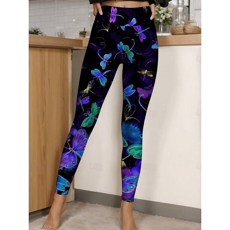 Women's Pants Trousers Leggings Cozy Leggings Streetwear Casual Full Length High Waist Butterfly Elastic Waist Print Breathability Comfortable Stretchy Vacation Street Daily Wear Black Blue Purple2