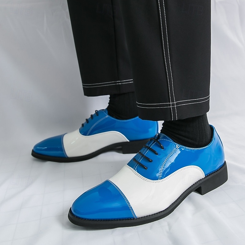Men's Blue and White Oxford Dress Shoes with Polished Finish, Vintage Two-Tone Lace-Up Shoes for Stage Shows, Parties and Retro Fashion Eventsr3