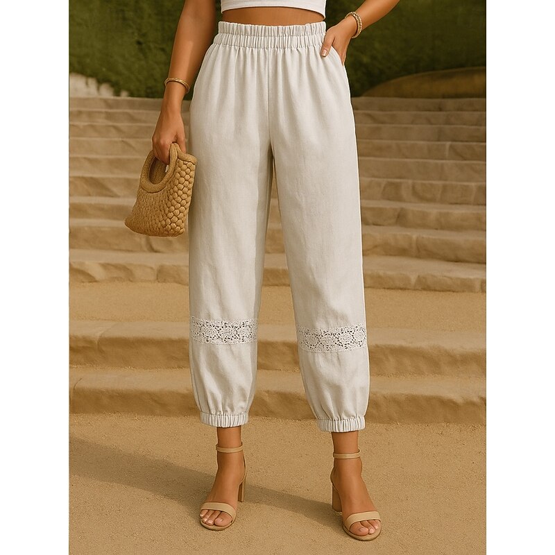 Women's Cotton Linen Pants Chinos Basic Casual Full Length High Waist Floral Embroidered Comfort Outdoor Inelastic Vacation Street Causal Green Apricot Coffee Summer Spring Fall Regular Fit