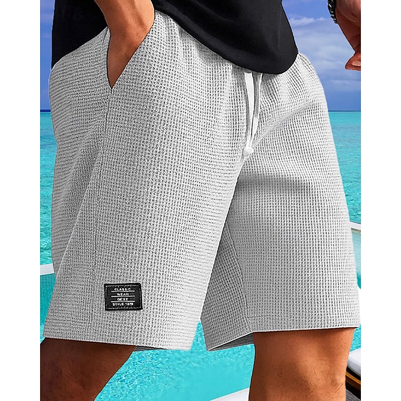Men's Waffle Shorts Shorts Summer Shorts Casual Shorts Drawstring Pocket Elastic Waist Plain Comfort Breathable Short Outdoor Vacation Sport Casual Black White2