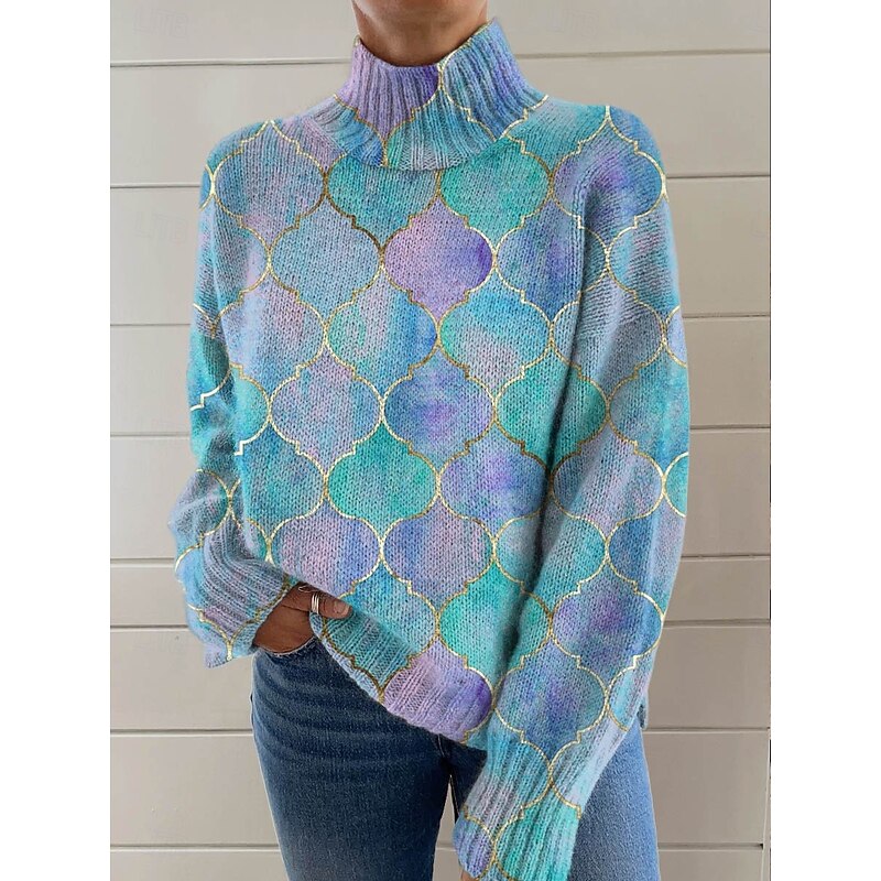 Women's Sweater Casual Soft Paisley Ribbed Turtleneck Knitted Print Long Sleeve Regular Tops Knit Outdoor Daily Weekend Blue Khaki Fall Winter4