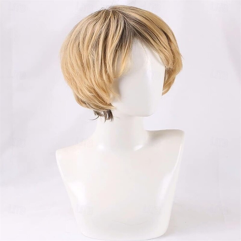 Mens Mix Blonde Wig Male Short Layered Cosplay Costume Party Natural Hair Wigs3