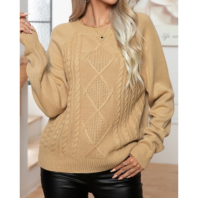 Women's Pullover Casual Solid Color Chunky Crew Neck Knitted Long Sleeve Regular Tops Knit Daily Holiday Going out White Khaki Fall Winter3