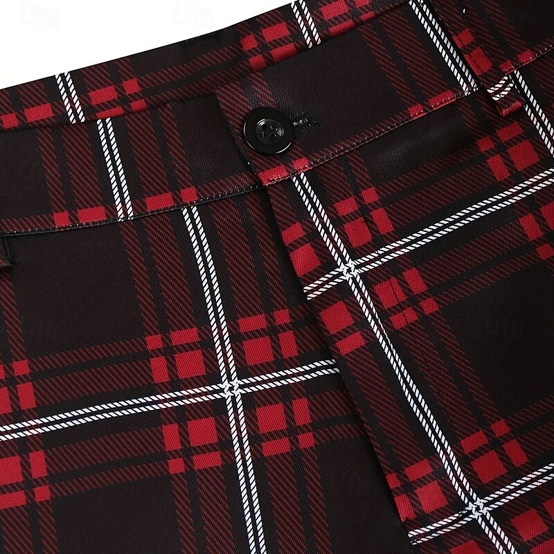 Men's Geometric Grid / Plaid Dress Pants Trousers Suit Pants Mid Waist Business Casual Formal Dailywear Slim Fit Pants with Pockets Spring Fall 3D Print Red Blue2