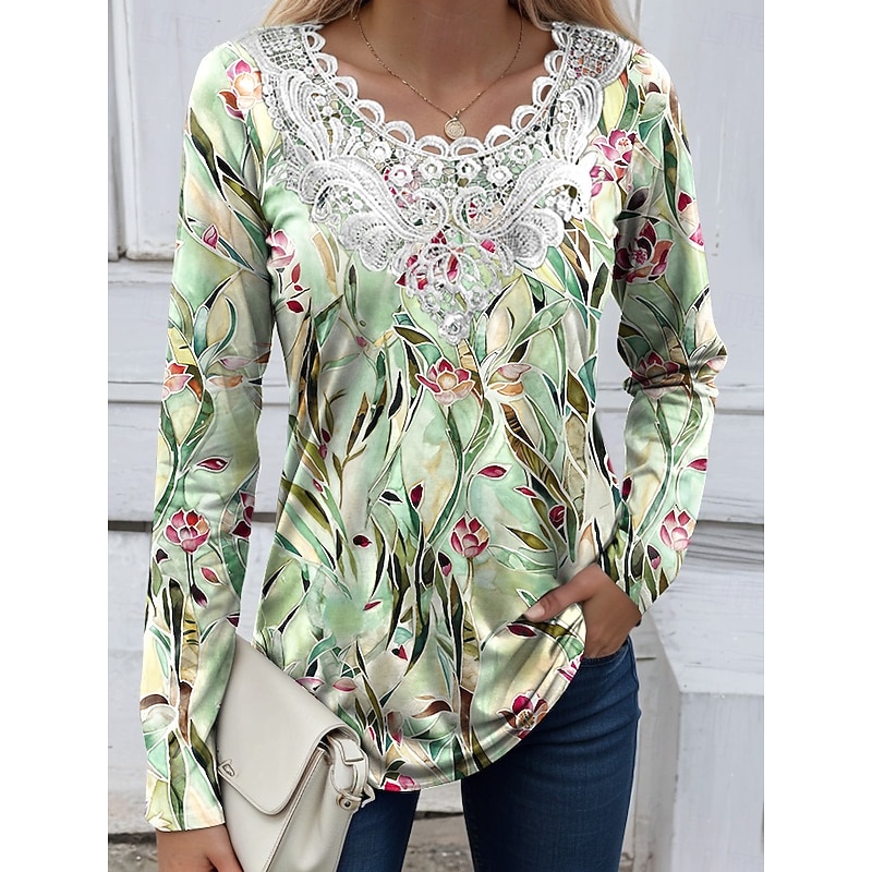 Women's Blouse Tunic Lace Splicing V Neck Long Sleeve Floral Graphic Plants Vintage Casual Crew Neck Tops Daily Going out Weekend Lace Patchwork Print White Pink Purple Green Khaki Fall Prefall4