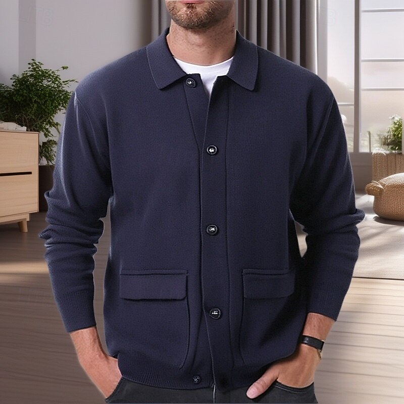 Men's Sweater Cardigan Sweater Ribbed Knit Regular Tops Knitted Plain Fold-over Collar Modern Contemporary Smart Casual Casual Daily Wear Clothing Apparel Spring &  Fall Navy Blue M L XL