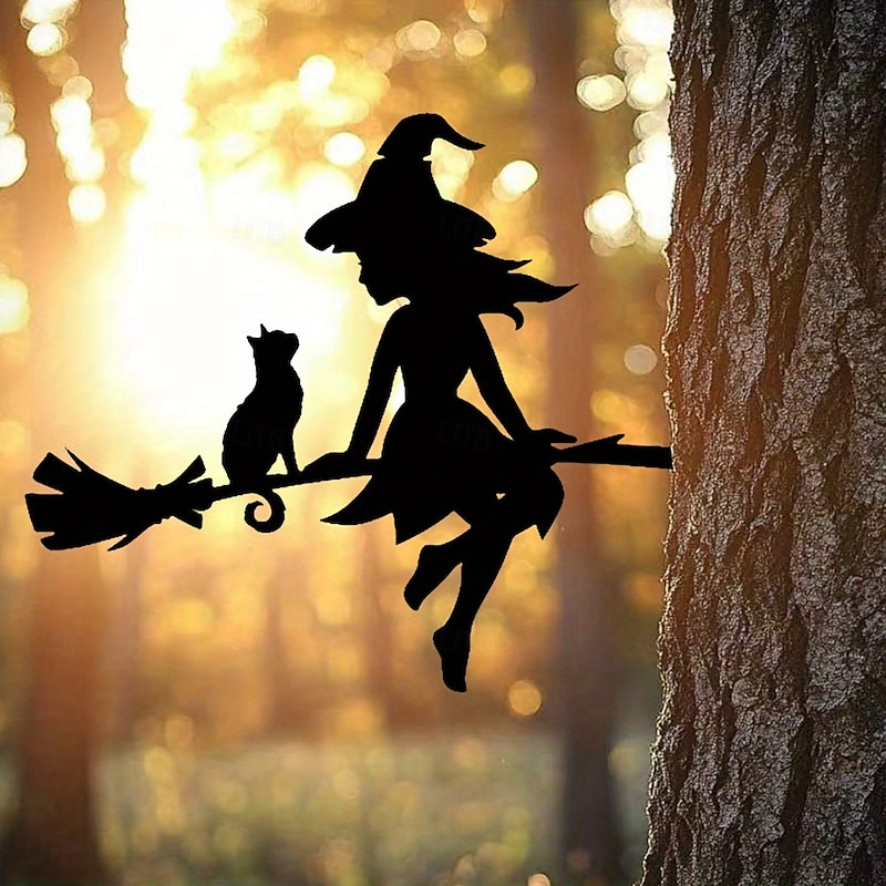 1pc Enchanting Witch & Cat Garden Decor - Durable Iron Yard Art with Flying Broomstick Perfect for Halloween & Outdoor Spaces Tree Stump Insert Outdoor Garden DecorSpooky Theme Decor4