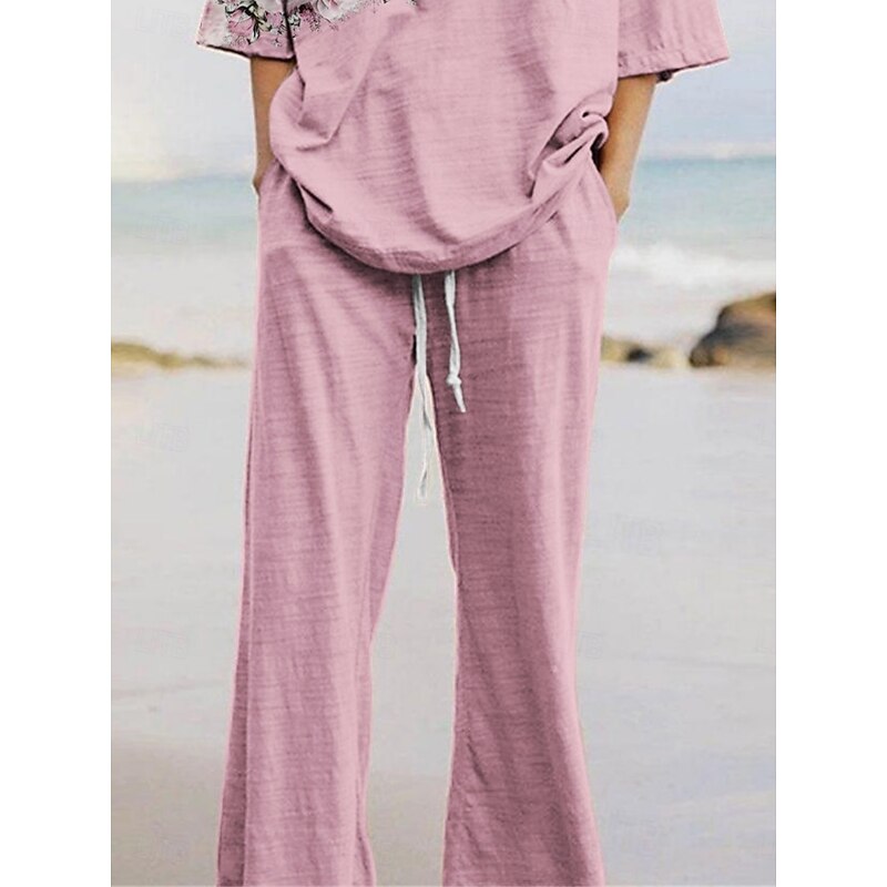 Women's Active Fashion Pants Sets 3/4 Length Sleeve Crew Neck Floral Print Vacation Daily Holiday Pink Summer Regular Fit3
