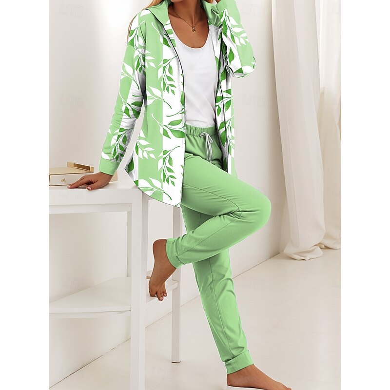 Women's 2 Pieces Hoodie Tracksuits Long Sleeve Daily Hooded Floral Graphic Leaves Zipper Print Casual Blue Purple Green Fall Regular Fit4