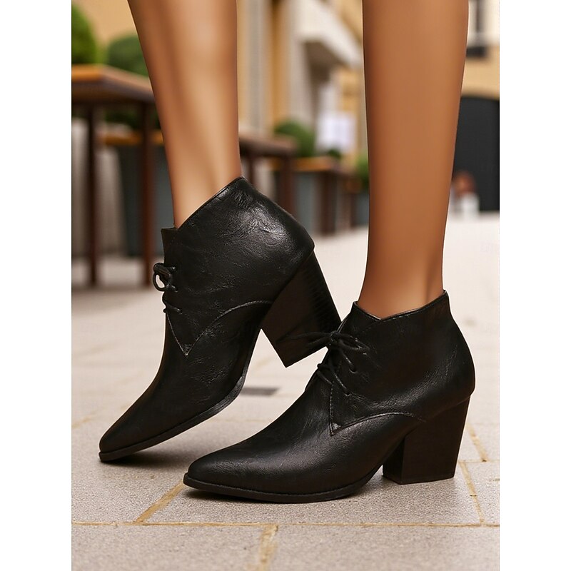 Women's Retro Lace-Up Pointed Toe Ankle Boots - Faux Leather Block Heel Short Boots for Fall,Street Style & Daily Outfits