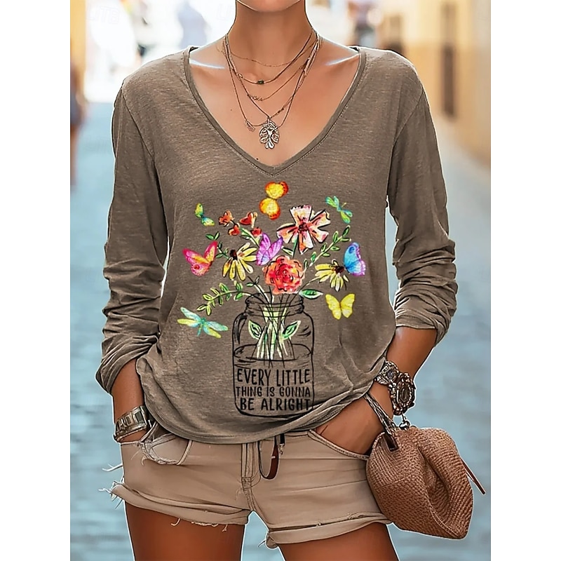 Women's Blouse Floral Letter Bohemia Daily Long Sleeve V Neck Regular Tops Daily Holiday Print Black Navy Blue Blue Orange Green Summer Spring Fall