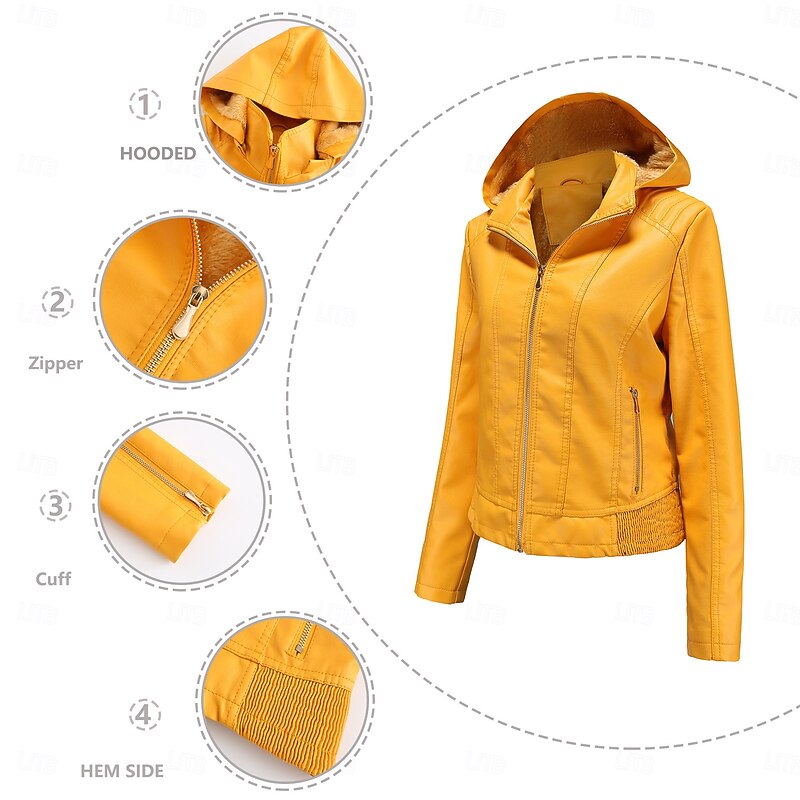 Women's Faux Leather Jacket Fleece Jacket Waterproof Comfortable Pocket Full Zip Fleece Lined Fashion Street Style Plain Outdoor Casual Daily Regular Hooded Regular Fit Long Sleeve Outerwear Yellow3
