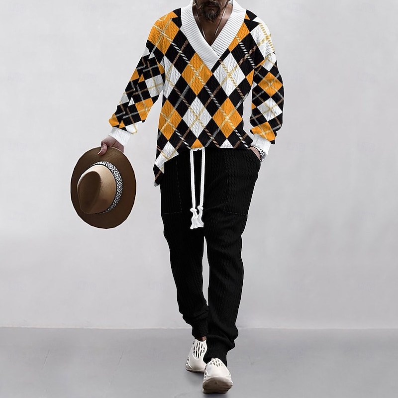 Men's T-shirt Suits Pants Sets 2 Pieces Outfits Full Body V Neck Spring &  Fall Geometric Fashion Casual 2 Piece Vacation Daily Wear Going out Black White Top Tee for Men2