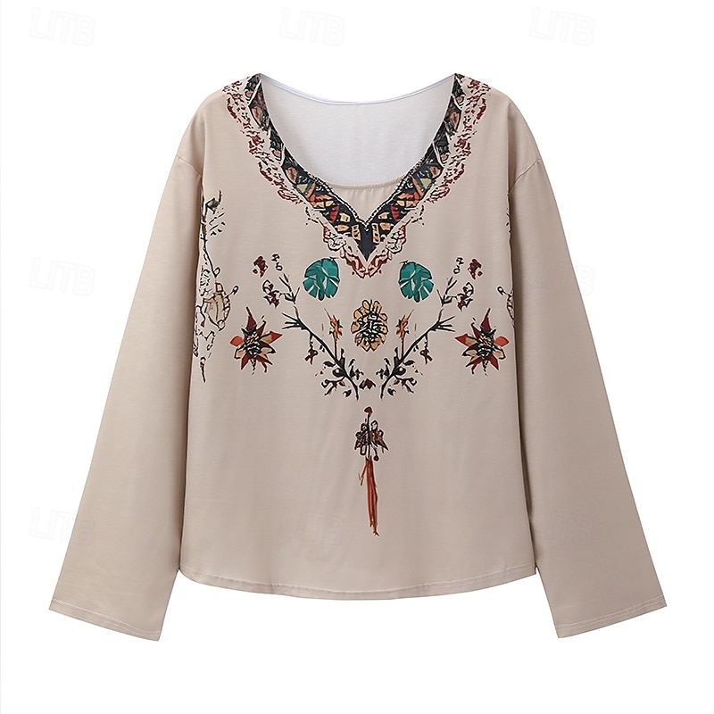 Women's Western Blouse Boho Shirt Blouse Flower Modern Casual Long Sleeve V Neck Regular Tops Daily Holiday Going out Print Apricot Summer4