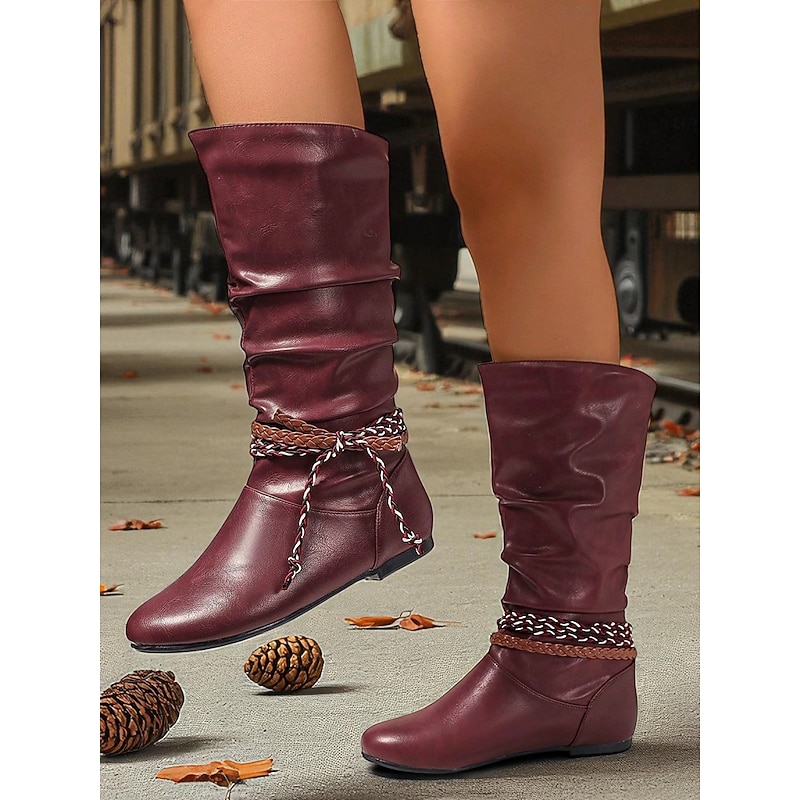Women's Burgundy Faux Leather Mid Calf Boots – Slouchy Flat Riding Boots with Braided Straps for Fall Outings, Travel and Outdoor Festivals3
