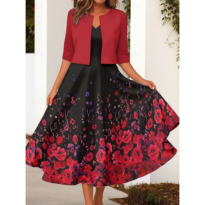 Women's Two Piece Dress Sets Midi Dress with Jacket Elegant A Line Dress Half Sleeve Party Ombre Floral Print Crew Neck Daily Yellow Red Blue Spring Fall Regular Fit4