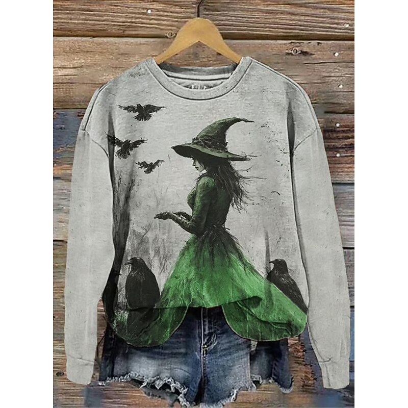 Halloween Women's Pullover Sweatshirt Witch Graphic Fashion Casual Long Sleeve Round Neck Regular Tops Street Dailywear Casual Print Purple Green Fall Winter2