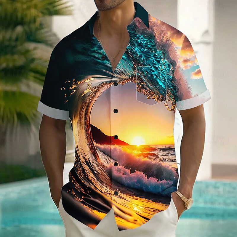 Men's Optical Illusion Ocean Sunset Shirt Summer Shirt Button Up Shirt Short Sleeve Fashion Casual Vacation Holiday Streetwear Summer Turndown 3D Print Front One Pocket Linen Like Shirt Orange