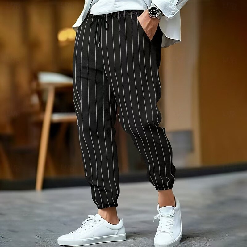 Men's Linen Pants Trousers Summer Pants Pocket Elastic Waist Drawstring Striped Comfort Breathable Full Length Outdoor Business Daily Vacation Business Black White3