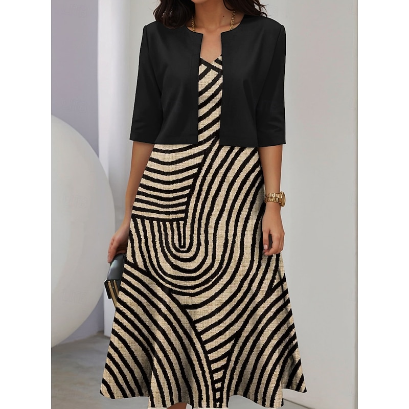 Women's Two Piece Dress Sets Midi Dress with Jacket Elegant A Line Dress Half Sleeve Casual Semi Formal Graphic Geometry Print V Neck Date Black Wine Green Spring Fall Regular Fit3