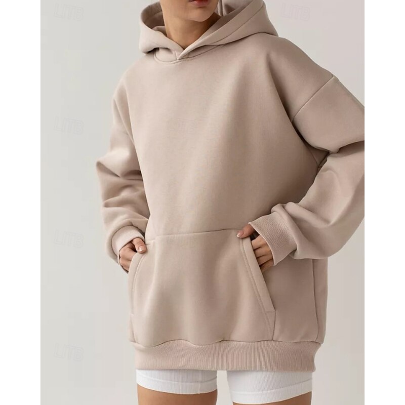 Women's Pullover Hoodie Sweatshirt Plain Streetwear Casual Long Sleeve Hooded Regular Tops Street Holiday Pocket Black White Khaki Fall Winter4