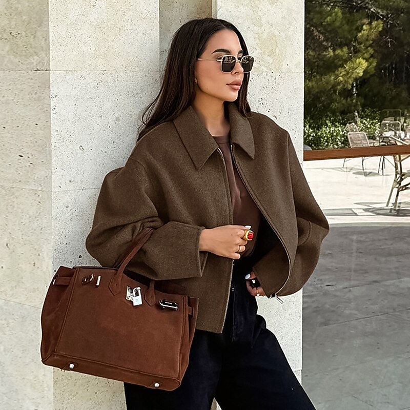 Women's Casual Jacket Warm Comfortable Zipper Elegant Vintage Daily Classic Solid Color School Vacation Office Work Short Turndown Loose Fit Long Sleeve Outerwear Brown Spring Fall2
