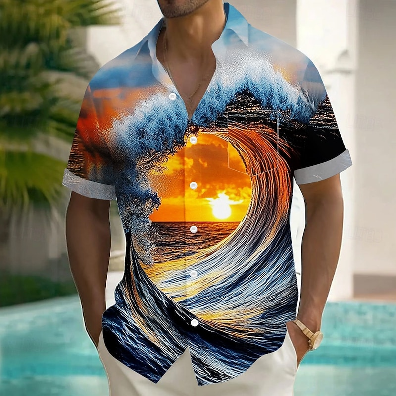 Men's Optical Illusion Ocean Sunset Shirt Summer Shirt Button Up Shirt Short Sleeve Fashion Casual Vacation Holiday Streetwear Summer Turndown 3D Print Front One Pocket Linen Like Shirt Light Blue2