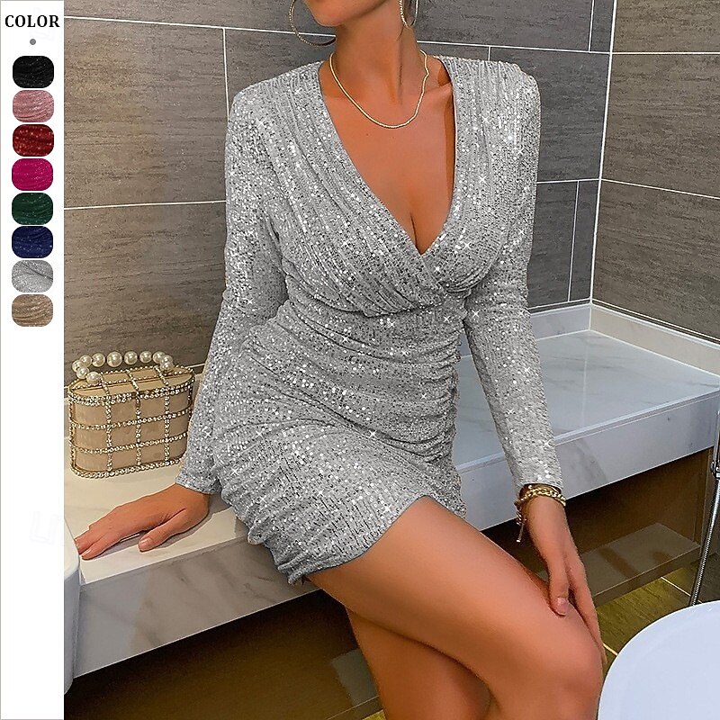 Women's Mini Dress Sequin Dress Cocktail Dress Elegant Dress Fashion Modern Evening Party Cocktail Party Regular Fit Plain Long Sleeve V Neck Silver Black Champagne Pink Spring Fall