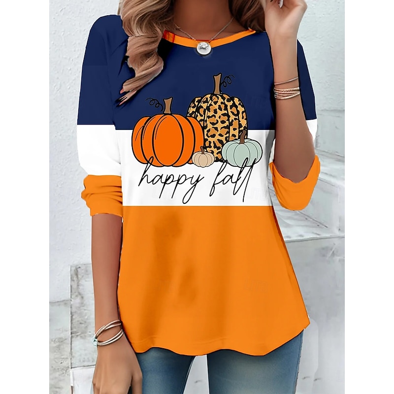 Halloween Women's T shirt Pumpkin Crew Neck Long Sleeve Tunic Graphic Casual Regular Tops Daily Weekend Print White Blue Orange Fall