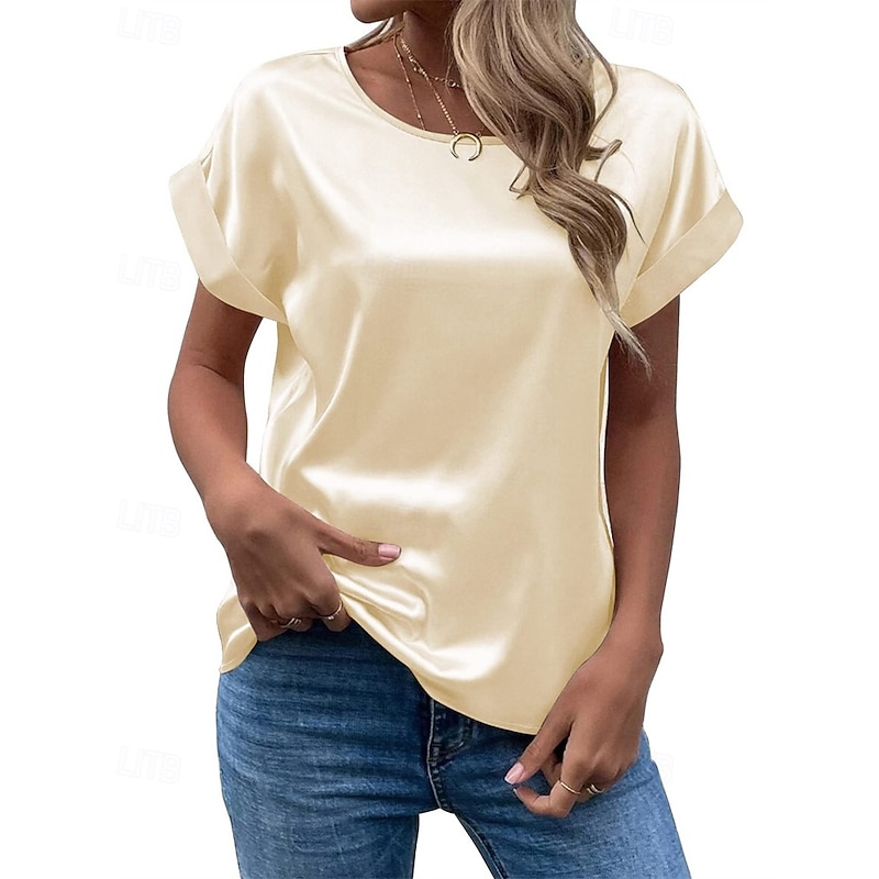 Women's T Shirt Tee Top Plain Fashion Modern Short Sleeve Crew Neck Regular Satin Tops Daily Going out Weekend Wine Army Green Navy Blue Khaki Beige Summer