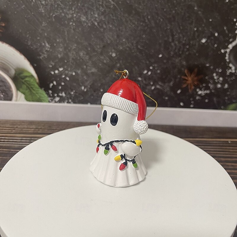 Halloween Cute Ghost Decoration with Santa Hat Resin Ornament, Cute Mini Decoration for Halloween Christmas Decor, Holiday Gift Ornament3