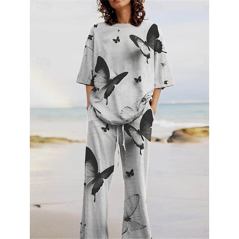 Women's Active Fashion Pants Sets 3/4 Length Sleeve Crew Neck Butterfly Print Vacation Daily Holiday Black Gray Summer Regular Fit