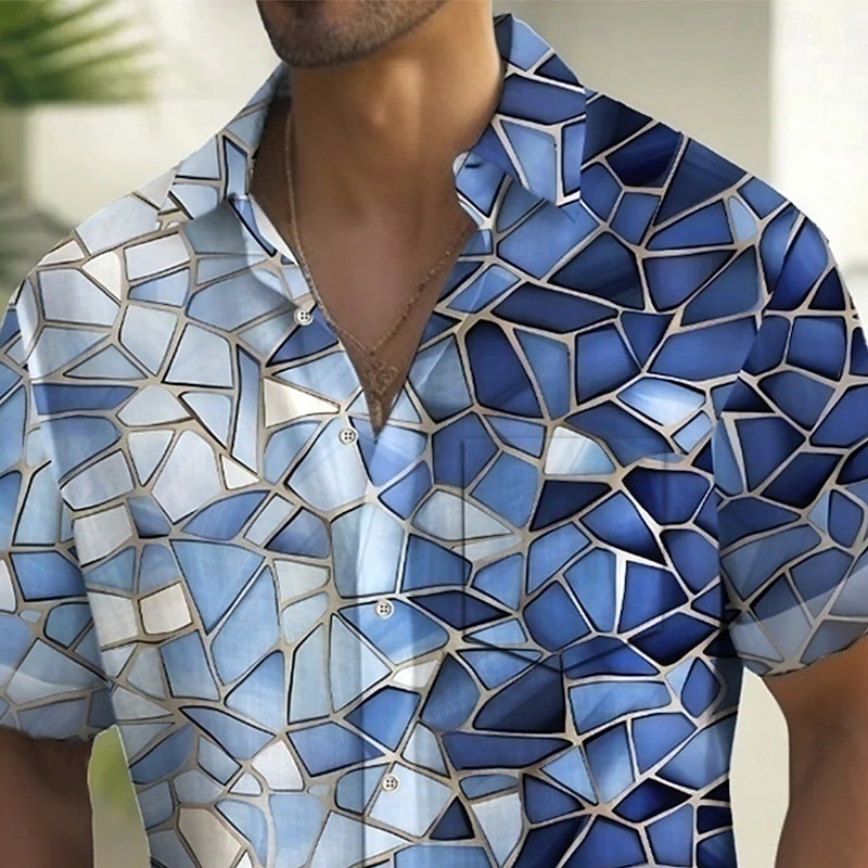Men's Mosaic Glass Shirt Summer Shirt Button Up Shirt Short Sleeve Fashion Casual Outdoor Vacation Dailywear Summer Spring Turndown 3D Print Collared Shirts Front One Pocket Blue2