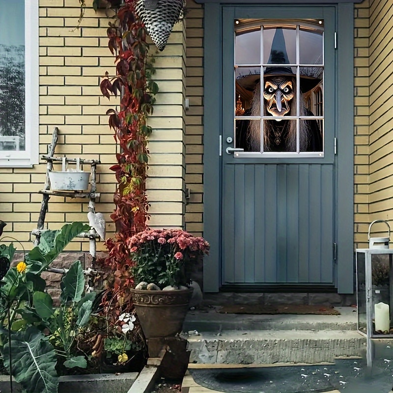 2D Door Banner 1pc Spooky Halloween Witch Polyester Window Door Banner - Multipurpose Durable Washable No Electricity Needed Indoor/Outdoor Use2