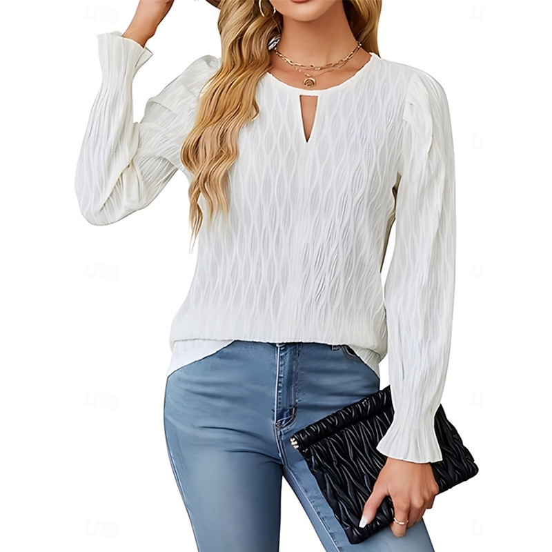 Women's Blouse Solid Color Elegant Stylish Basic Long Sleeve Crew Neck Regular Tops Daily Black White Blue Khaki Summer Spring4