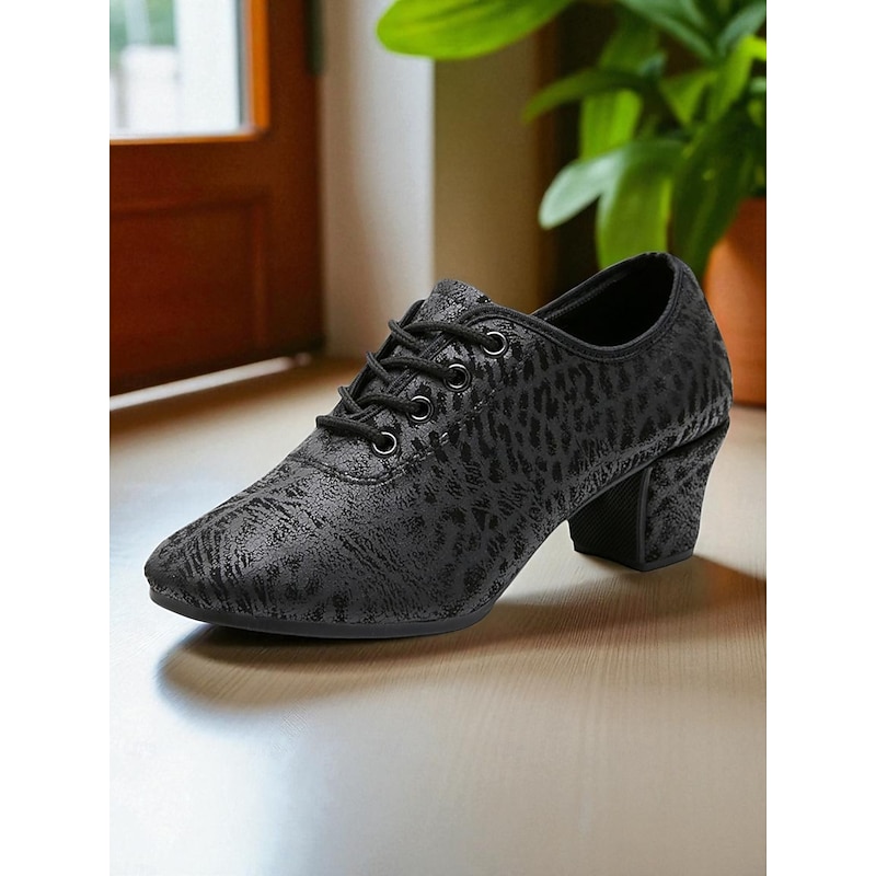 Women's Black Leopard Pattern Lace-Up Dance Shoes - Low Heel Professional Practice Jazz Shoes for Female Dancers and Studio Training3