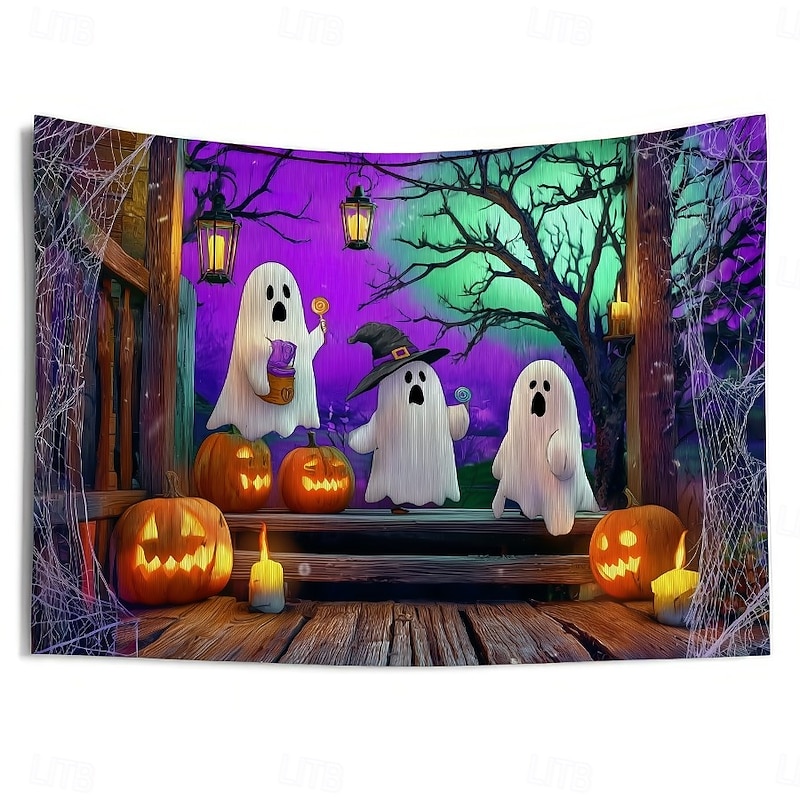 Halloween Blacklight Wall Tapestry – UV Reactive Three Cute Ghosts with Pumpkins in Haunted Graveyard, Neon Colors Spooky Night Scene, Glow in the Dark Wall Hanging for 2025 Halloween Decoration4