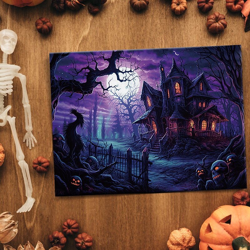 Halloween Haunted Mansion with Moonlight LED Canvas Wall Art - Battery Operated Lighted Wall Decor for 2025 Halloween home decoration light livingroom and bedroom3