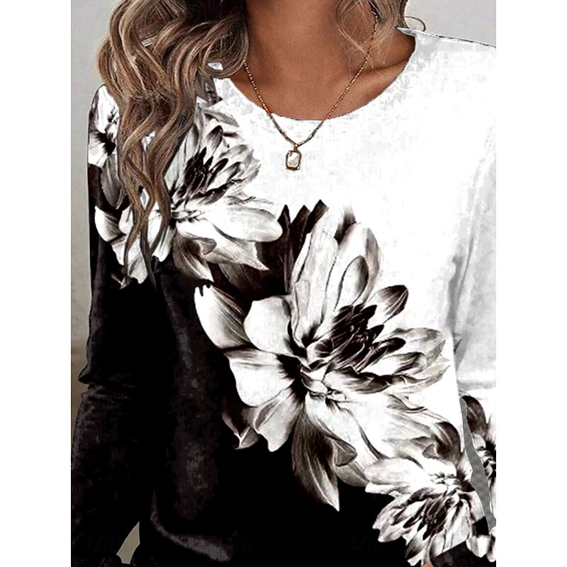 Women's T shirt Crew Neck Long Sleeve Tunic Floral Graphic Plants Vintage Stylish Classic  Round Neck Regular Tops Daily Print Black and White Fall2