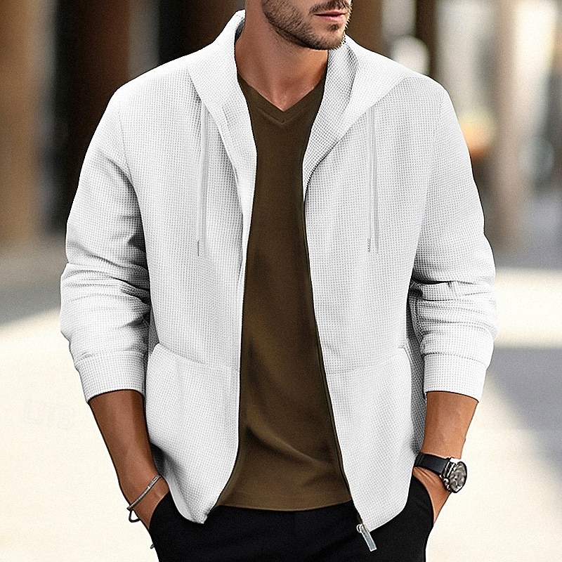 Men's Waffle Jacket Casual Jacket Hoodie Jacket Vacation Daily Breathable Pocket Spring Fall Plain Fashion Classic Hooded Regular Black White Blue Khaki Gray Jacket
