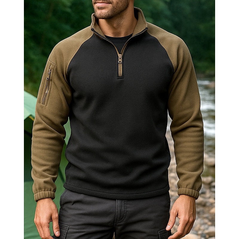 Men's Quarter Zip Sweatshirt Long Sleeve Stand Collar Top Outdoor Thermal Warm Elastane Camo Army Green Dark Blue Tennis Workout Running