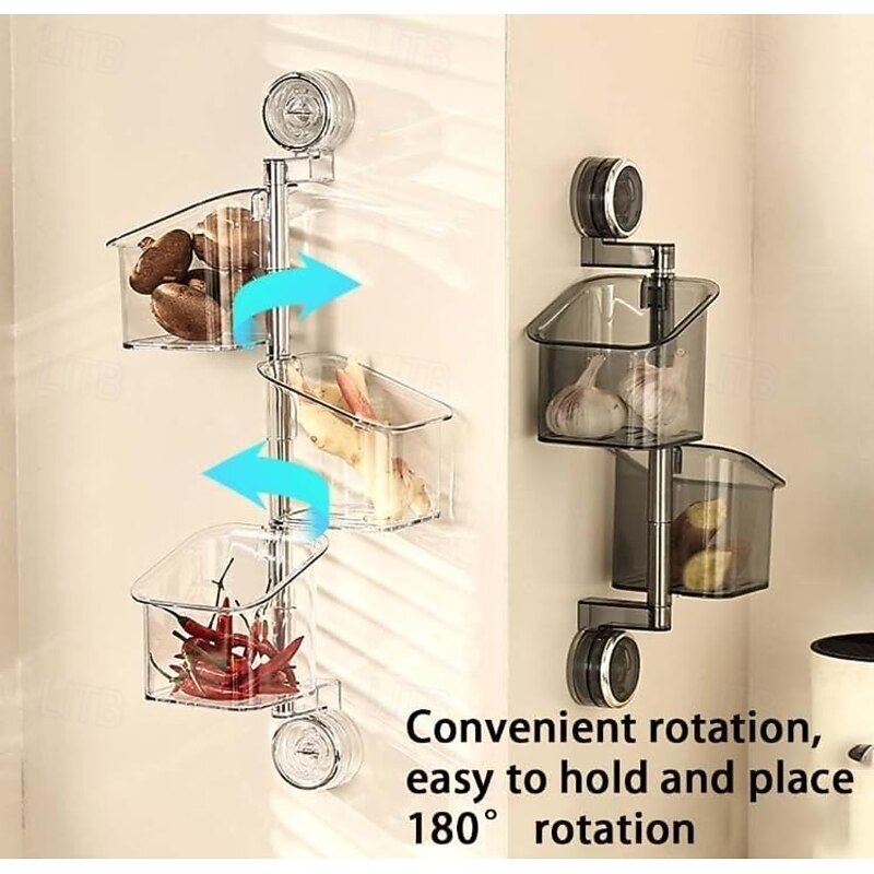 Suction Cup Wall Mounted Organizer Basket, Rotating Drill-Free Kitchen Storage Rack for Garlic Ginger Spice, Bathroom Hanging Storage Bin for Shower and Toiletries2