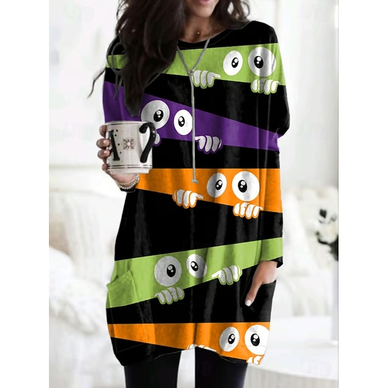 Halloween Women's T shirt Monster Graphic Geometric Fashion Long Sleeve Crew Neck Round Neck Long Tops Daily Going out Weekend Pocket Print Black White Orange Spring Fall2