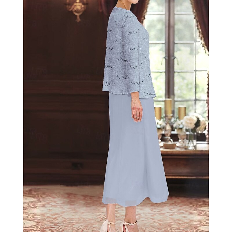 Sequin Lace Two Piece A-Line Mother of the Bride Dress Elegant Simple Luxurious Chiffon Boat Neck Midi Length Sleeveless with Long Sleeve Jacket4